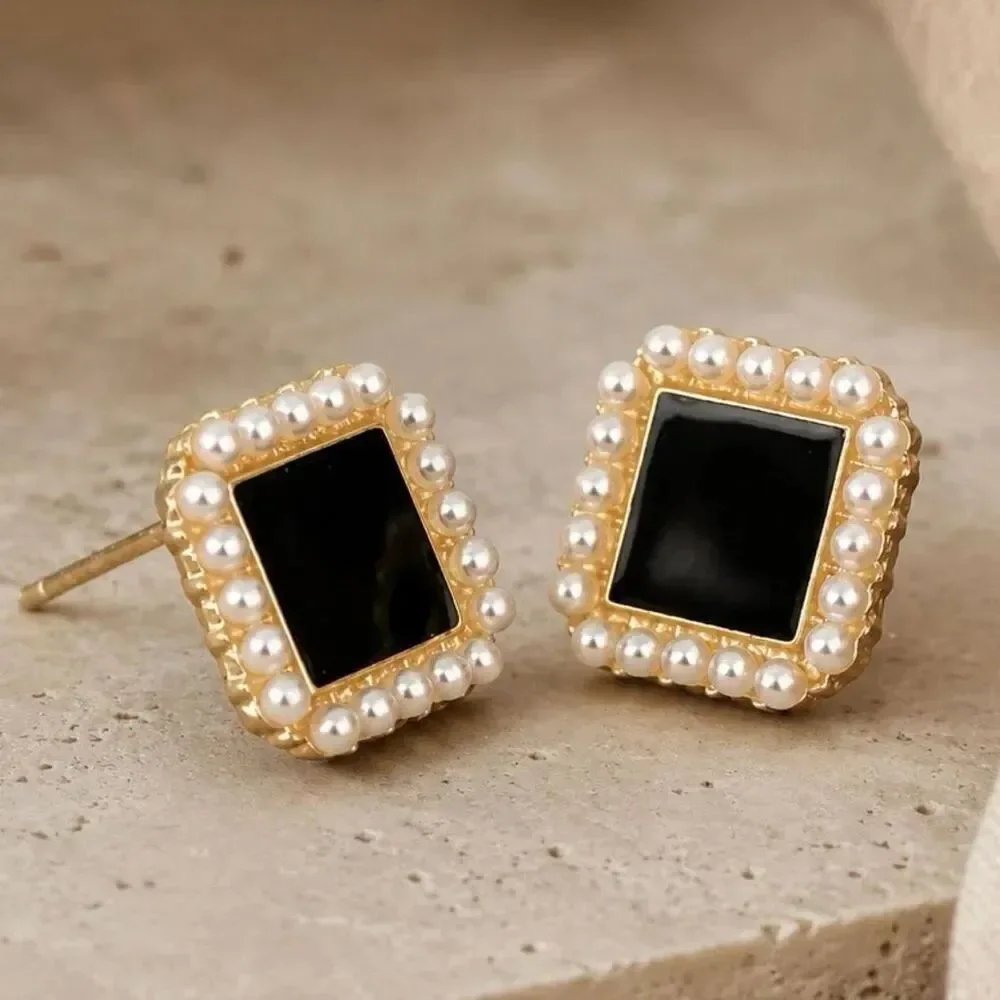 Onyx Black Square Studs with Faux Pearl Border
